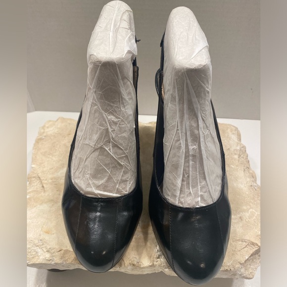 Moda Black Leather Round Closed Toe Platform Slingback Heels Sz 9 M - Picture 5 of 13